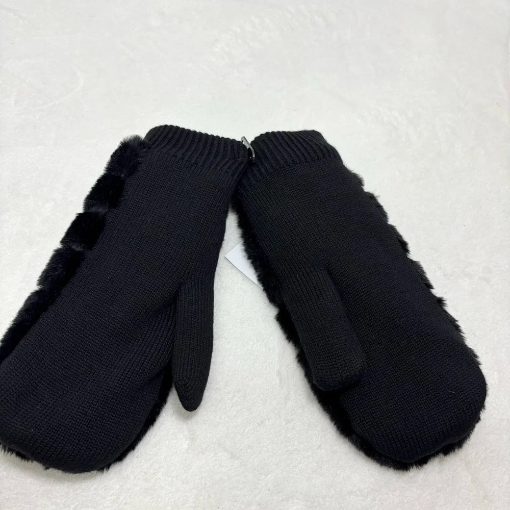 UGG Luxe BLACK‎ FAUX FUR FUZZY WOOL BLEND MITTENS WITH SHERPA LINING size L/XL